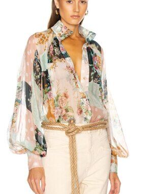 Zimmermann Wavelength Patchwork Floral Silk Blouse Size 1 Small
